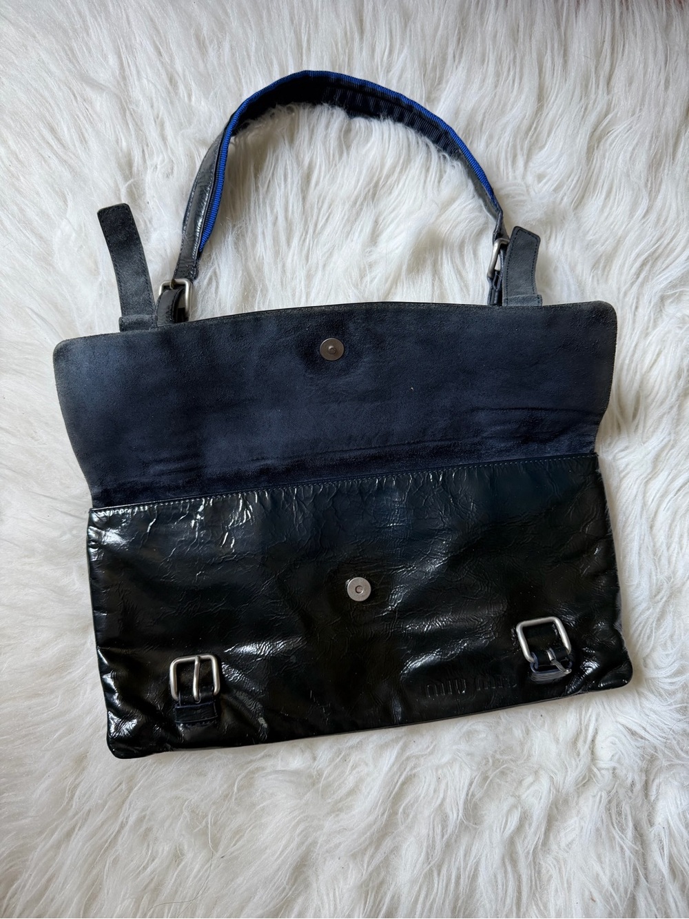 Vintage Miu Miu Blue Black Shiny Leather Wet Look Buckle Mini Shoulder Bag - Picture 7 of 14